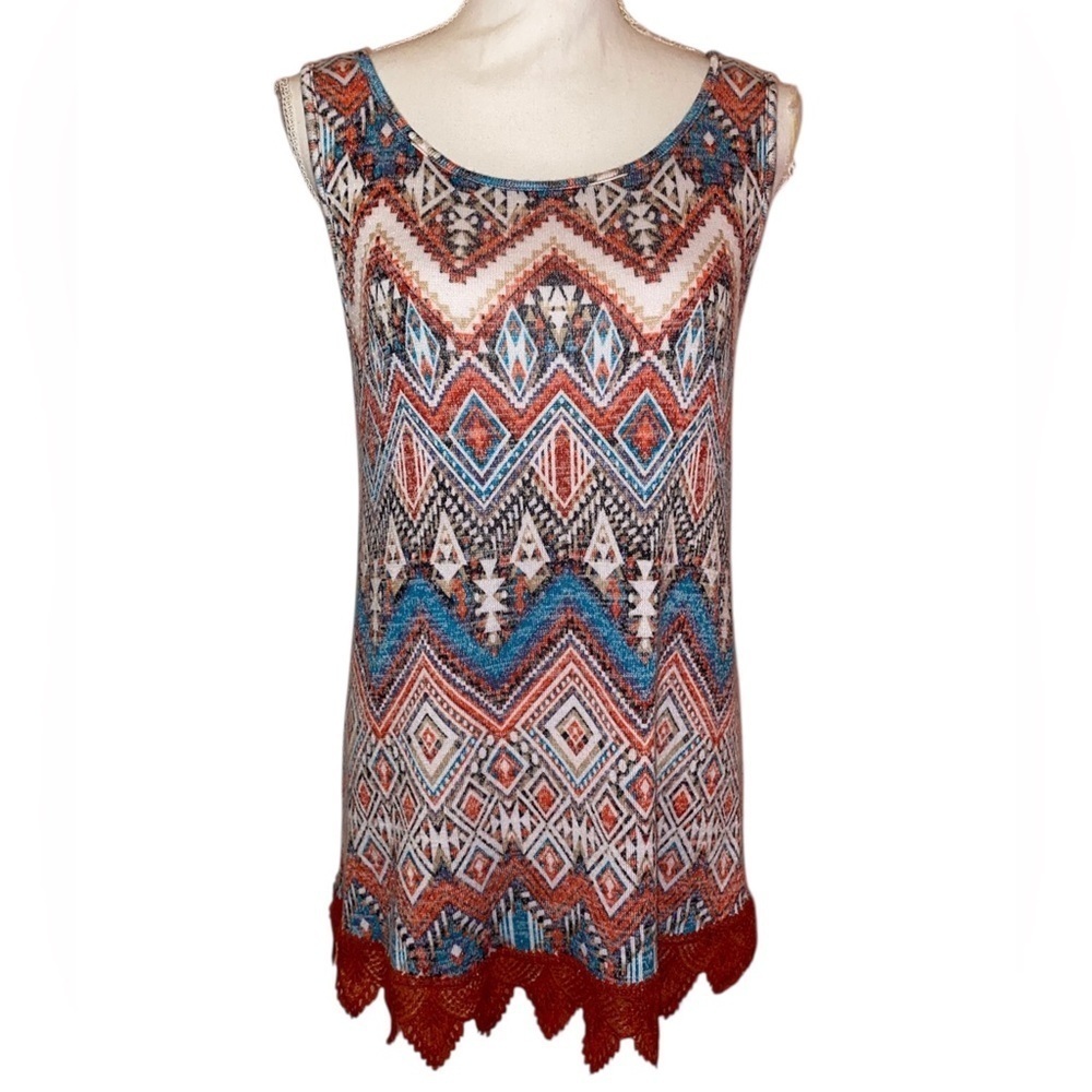 JUST BE Boho Hippie Tank Blouse in Red Turquoise White Size Medium